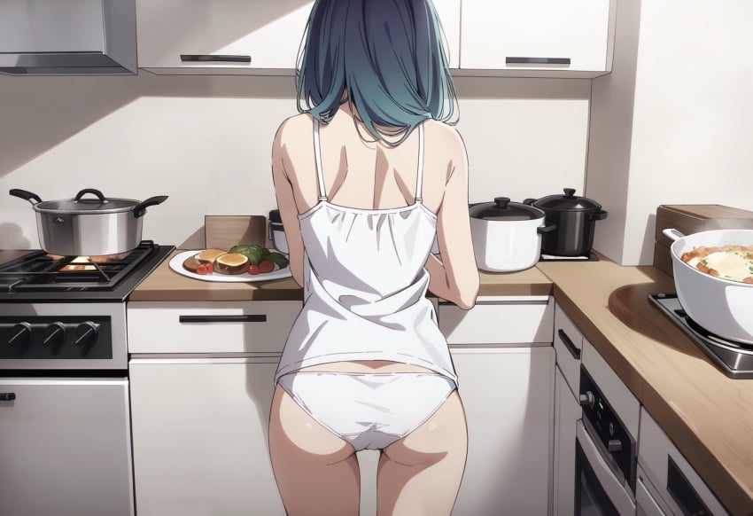 ai_generated ass ass_focus bubble_butt clothed kitchen kurokawa_akane oshi_no_ko panties tank_top