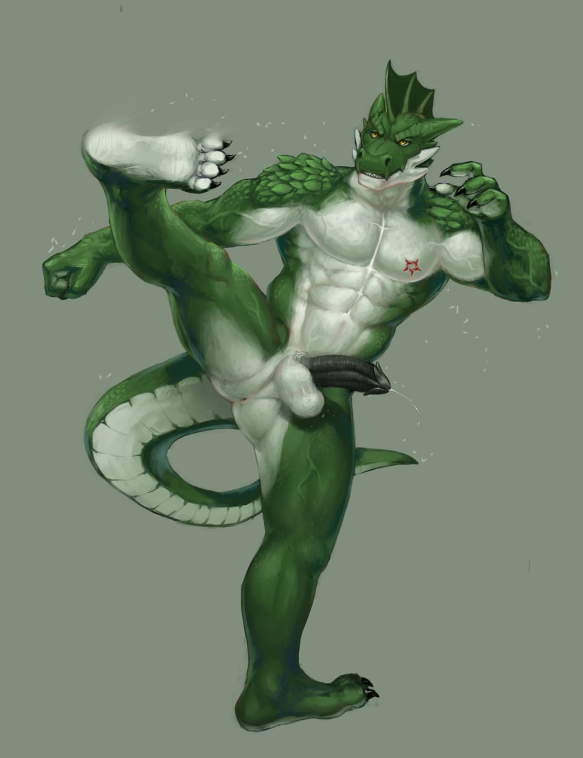 2014 4_fingers 4_toes abs absurd_res action_pose animal_genitalia anthro anus ass athletic balls barbed_penis biceps big_muscles black_penis claws cum cum_string digital_media_(artwork) erection everquest fangs frill green_background green_skin head_frill hi_res hindpaw horn humanoid_penis iksar kick leaking male male_only muscular muscular_male nude paws pecs penis perineum plantigrade pockyrumz pose precum raised_leg reptile rrowdybeast scales scalie sheath simple_background slit soles solo ssvanti standing sweat tattoo teeth toe_claws toes vein video_games white_skin yellow_eyes