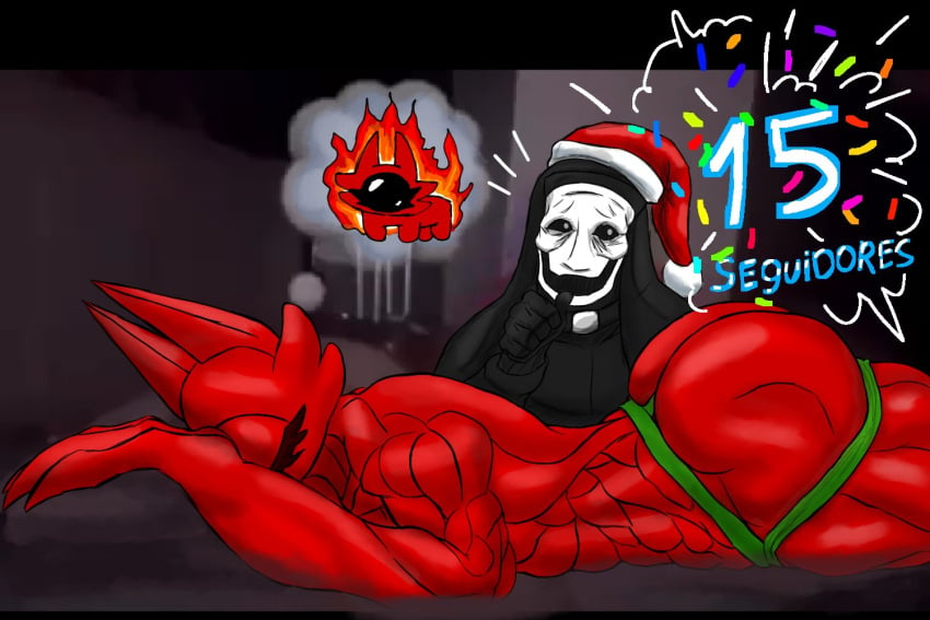 big_ass celebration christmas_outfit eyis_(srsombrio) fire masked_male muscular_female nude_female oc sleeping spanish_text srsombrio