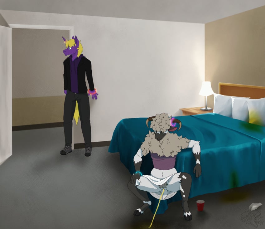 animated anthro aroused bed blonde_hair bodily_fluids bottomwear bovid breathing bulge caprine carpet carpet_piss clothed clothing duo ears_back equid equine erection female footwear fur furniture genital_fluids genitals glowstick hair hooves horn horse humanoid_genitalia lamp licking licking_lips looking_around looking_around_corner male male/female mammal multicolored_body multicolored_fur mythological_creature mythological_equine mythology no_underwear open_mouth peeing pivoted_ears puddle purple_body purple_fur pussy rave sheep shoes skirt smile solo_cup tail tail_motion tailwag tongue topwear tuft two_tone_body two_tone_fur unicorn upskirt urine urine_stain urine_stream vaginal_penetration veryloudopossum watersports white_body white_fur