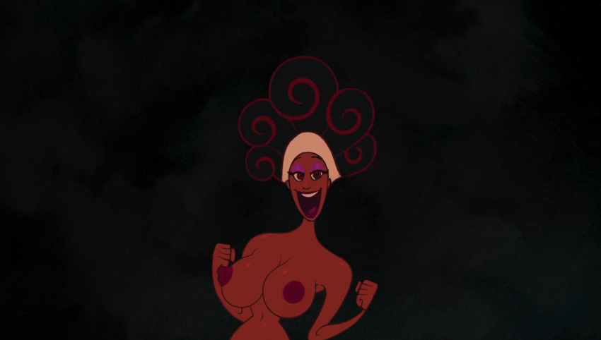 big_breasts breasts brown_eyes brown_hair calliope_(hercules) dark-skinned_female dark_skin disney edit editfag female hercules_(disney) lipstick nipples open_mouth screenshot screenshot_edit smile teeth the_muses tongue topless