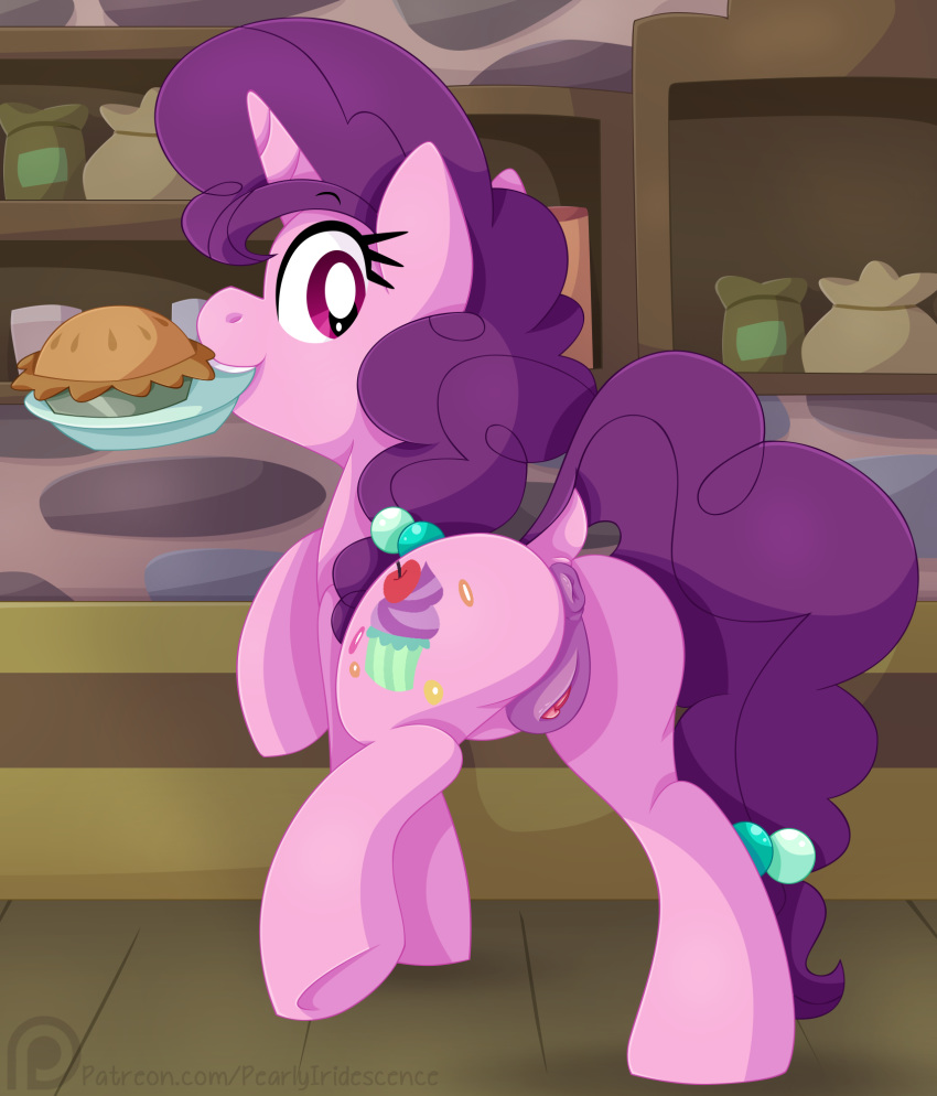 all_fours anus ass barefoot cutie_mark equine female feral food friendship_is_magic highres hooves horn horse indoors long_hair mammal my_little_pony nude pearlyiridescence pie pony presenting presenting_hindquarters presenting_pussy purple_eyes pussy raised_leg smile solo standing sugar_belle teeth unicorn