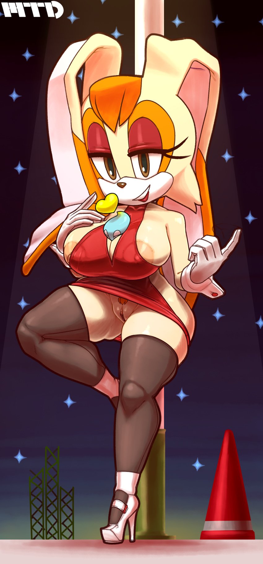 anthro big_breasts breasts brown_eyes brown_hair chao_(sonic) cheese_the_chao clothing duo female footwear gloves hair half-closed_eyes hi_res high_heels lagomorph legwear mammal marthedog nipples on_one_leg pubes pussy rabbit sega shoes sonic_(series) standing stockings thick_thighs thighs vanilla_the_rabbit