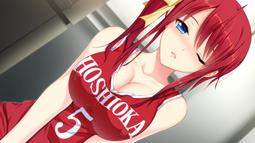 16:9 1girls :< akino_subaru asymmetrical_hair bare_shoulders basketball basketball_jersey basketball_uniform blue_eyes blush breast_squeeze breasts clavicle cleavage dutch_angle erect_nipples erect_nipples_under_clothes female female_only game_cg gym_uniform hair_ornament hair_ribbon hatsukoi_1/1 jersey large_breasts lips looking_at_viewer nipple_bulge nipples no_bra nose_blush one_eye_closed open_mouth pokies ponytail red_hair ribbon short_hair side_ponytail sleeveless slender_waist solo sportswear tank_top tied_hair tone_work's tsukishima_kyou tsurime wink