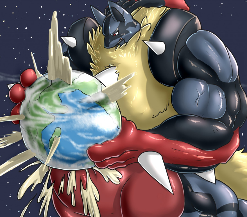 2017 anthro astronomical_hyper biceps big_muscles big_penis canine cum cum_explosion digital_media_(artwork) earth fur huge_cock huge_muscles hyper hyper_muscles hyper_penis jackal knot knotted_cock longging lucario male male_only mammal mega_evolution mega_lucario muscles muscular muscular_male nintendo nude pecs penetration penis planet pokemon pokemon_(species) red_eyes smile solo