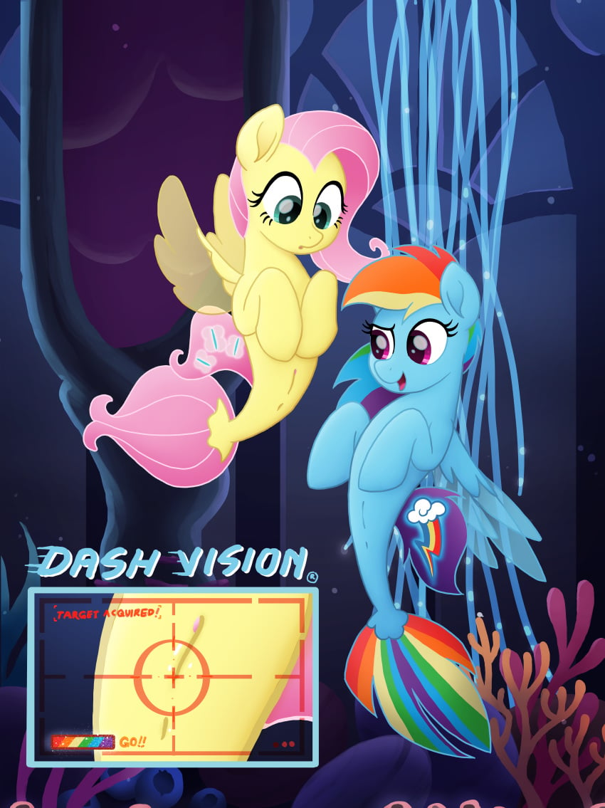 2017 absurd_res cutie_mark duo english_text female fluttershy_(mlp) friendship_is_magic hair hi_res hooves long_hair multicolored_hair my_little_pony my_little_pony_the_movie open_mouth pink_hair rainbow_dash_(mlp) rainbow_hair sea_pony selenophile smooth_skin text