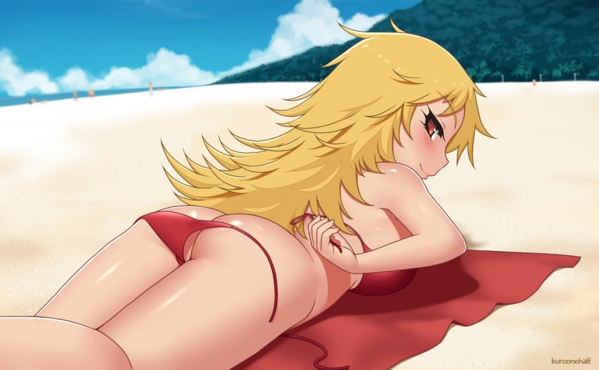 ass beach bikini blonde_hair blush breasts brown_eyes female female_only kuroonehalf long_hair lying on_stomach original outdoors sand shiny shiny_hair shiny_skin sideboob smile solo solo_focus swimsuit towel