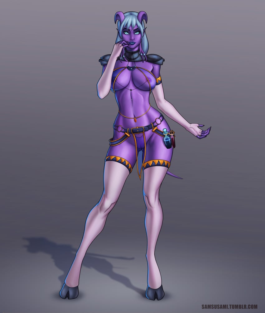 2017 armor ass_visible_through_thighs blizzard_entertainment chataya draenei elbow_gloves female fingerless_gloves gloves hooves horns loincloth looking_at_viewer navel pointy_ears purple_skin pussy samcooper see-through silver_hair solo tail thighhighs toned warcraft white_gloves white_legwear world_of_warcraft