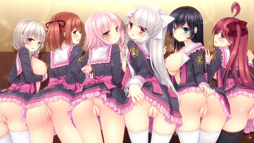 6+girls ahoge anus ass black_legwear blue_eyes blush breasts brown_eyes brown_hair calendula_officinalis censored doumyouji_sakurako game_cg green_eyes hair_ornament hair_ribbon hairclip kamishiro_aoi_(kyuuketsu_hime_no_libra) kyuuketsu_hime_no_libra large_breasts long_hair looking_at_viewer lycoris_radiata_(kyuuketsu_hime_no_libra) maritima_malcolmia miyasu_risa multiple_girls nipples no_bra no_panties oomine_kaede open_clothes open_shirt pink_hair ponytail purple_eyes pussy pussy_juice red_eyes red_hair ribbon school_uniform shirt silver_hair skirt take_your_pick thighhighs white_hair white_legwear yellow_eyes