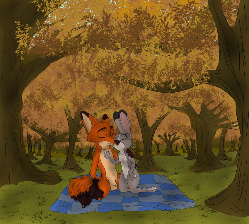 1boy 1girls anthro autumn canine disney female flat_chest forest fox furry grass hi_res interspecies judy_hopps kneeling lagomorph mammal nick_wilde nude outside pussy rabbit smile solid_color straight testicles tree zootopia