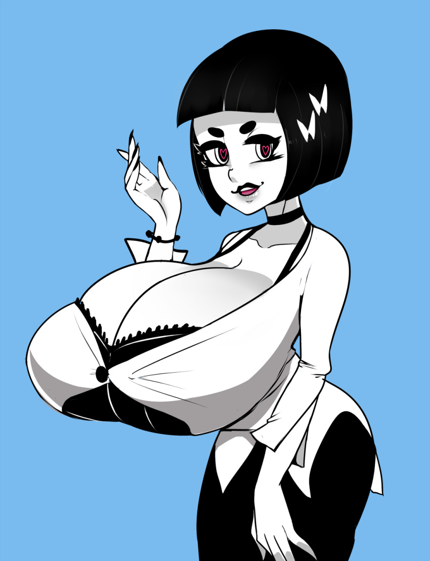 1girls black_hair black_nails blue_background bra breasts cleavage collar dwps female hairpin heart-shaped_pupils hyper_breasts large_breasts looking_at_viewer necklace smile solo white_skin