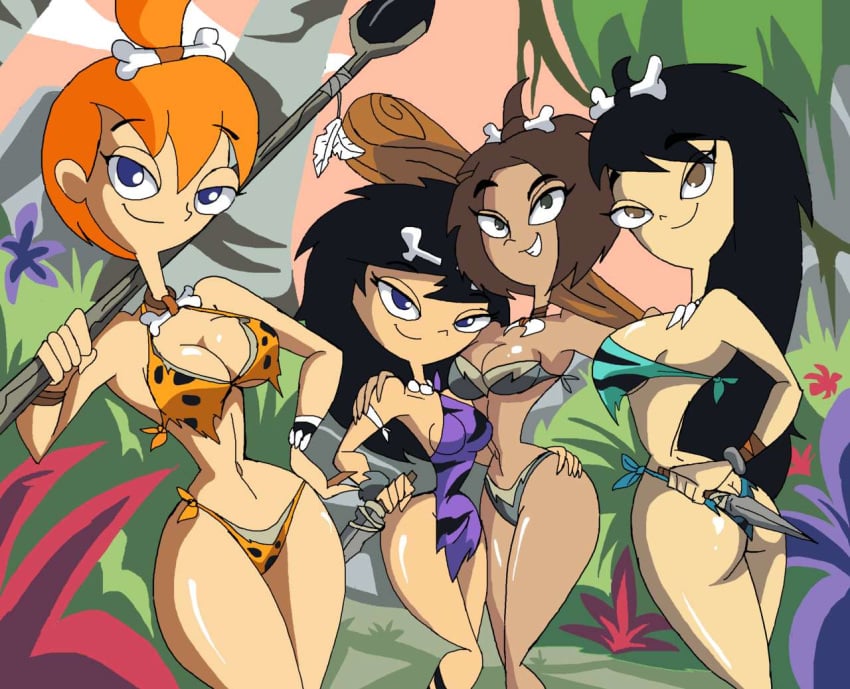 4girls aged_up alternate_version_available asian back_view bad_anatomy bare_shoulders big_breasts bikini bikini_bottom bikini_top black_hair blue_eyes bone bracelet brown_eyes brown_skin busty candace_flynn cavegirl cavewoman choker cleavage clenched_teeth club curvy dagger dana_(phineas_and_ferb) dark-skinned_female dark_skin detailed_background disney female female_only fireside_girls front_view grab grabbing group hair_ornament hand_on_hips hands_on_hip hands_on_hips holding_object hourglass_figure human isabella_garcia-shapiro jungle long_hair looking_at_viewer looking_back manic47 multiple_females multiple_girls necklace older orange_hair outdoor outside phineas_and_ferb pose posing shiny shiny_skin short_hair sideboob smiling spear stacy_hirano standing teenage tree very_long_hair voluptuous weapon wide_hips yuri