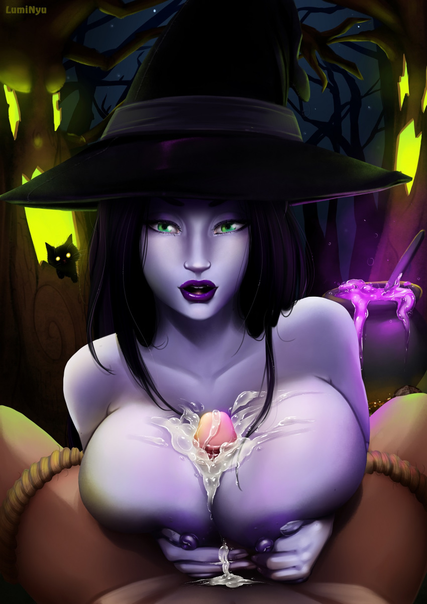 1boy 1girls alternate_costume aphra_cadabra_aphrodite aphrodite aphrodite_(smite) areolae background big_breasts black_hair blue_skin breasts cum cum_on_breasts dark-skinned_male deity erection female goddess green_eyes hair hat human large_breasts lipstick long_hair looking_at_viewer luminyu male male_pov nipples open_mouth paizuri penis pov purple_lipstick purple_skin rope smite solo straight text watermark witch