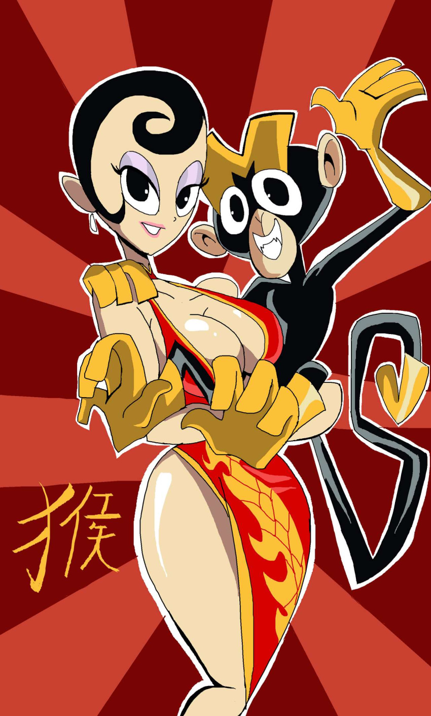 1boy 1girls agent_honeydew animal_ears big_breasts black_eyes black_hair bodysuit busty cartoon_network chinese_dress cleavage curvy detailed_background dexter's_laboratory dial_m_for_monkey duo ear_piercing earrings eyelashes eyeshadow female front_view gloves happy_new_year hourglass_figure human interspecies laboratory looking_at_viewer male mammal manic47 mask monkey monkey_(dial_m_for_monkey) open_mouth piercing primate qipao shiny shiny_skin short_hair standing tail text voluptuous wide_hips yellow_gloves