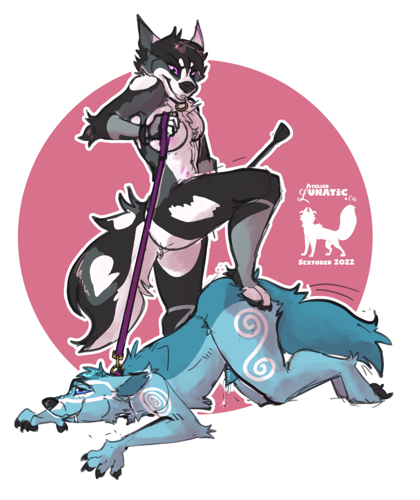 atelier_lunatic bodily_fluids canid canine canis dominant dominant_female dominatrix female genital_fluids hi_res leash mammal nsfw precum sextober wolf