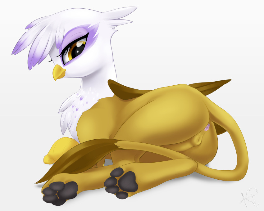 2017 absurd_res anus ass avian beak black_pawpads brown_feathers feathers female feral friendship_is_magic gilda_(mlp) gryphon hi_res kinkypinkie looking_back my_little_pony pawpads pussy simple_background solo tail_tuft tuft white_background white_feathers yellow_eyes