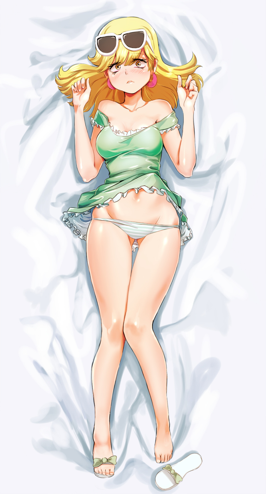 1girls absurdres barefoot blonde_hair blush breasts cleavage dakimakura dress dress_lift earrings feet female female_only flip-flops full_body glasses green_dress green_panties groin highres jcm2 jewelry leni_loud lying medium_breasts navel on_back open_toe_shoes panties sandals shoes_removed single_shoe solo straight_hair strap_slip striped striped_panties sunglasses sunglasses_on_head the_loud_house underwear yellow_eyes