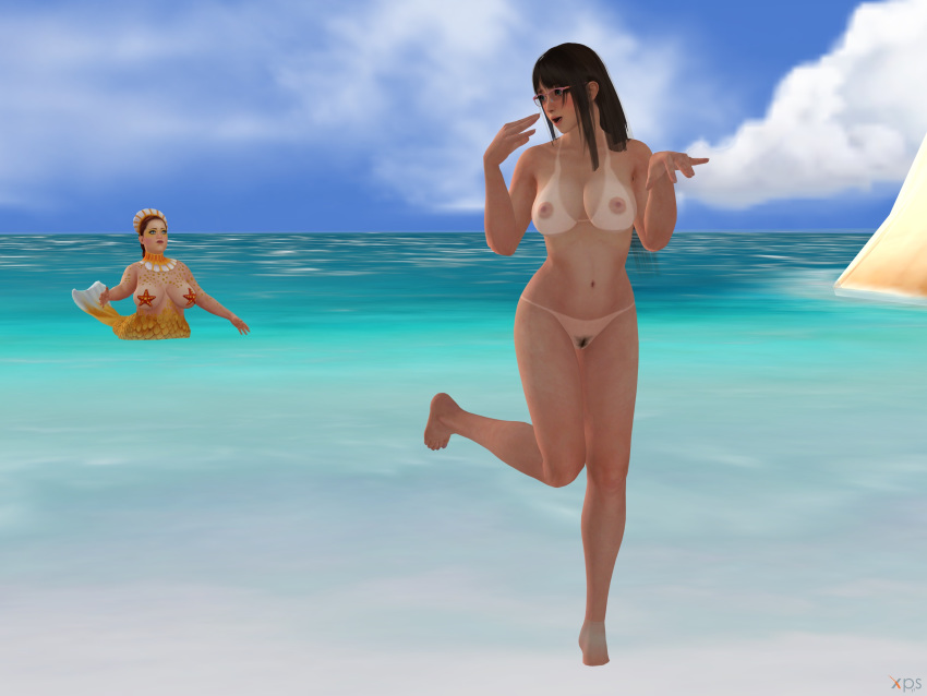 2girls 3d beach bertha_kowalski blue_estate breasts crossover dead_or_alive freckles glasses mermaid nipples nude ocean starfish_pasties tan_lines water xnalara xps