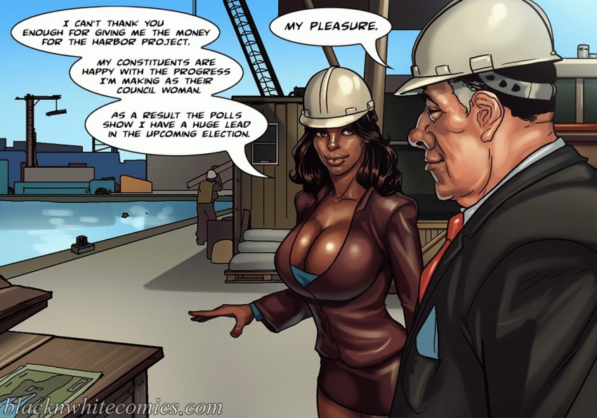 1girls 2boys big_breasts blacknwhitecomics brown_eyes brown_hair cleavage comic construction_site dark-skinned_female dark_skin dialogue english_text female hard_hat interracial male mayor_white pale-skinned_male pale_skin tanya_jackson the_mayor watermark yair