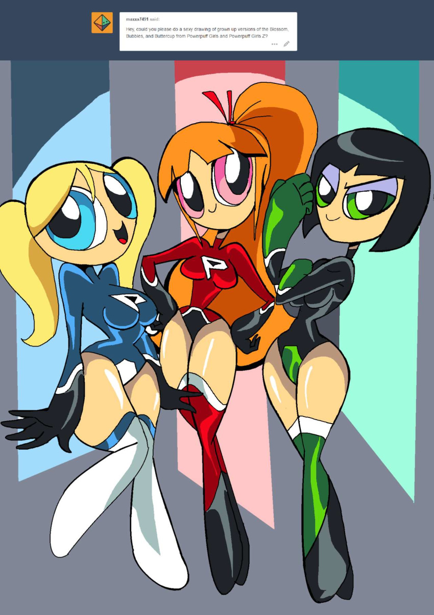 3girls aged_up arms_up big_breasts black_hair blonde_hair blossom_(powerpuff_girls) blue_eyes boots bubbles_(powerpuff_girls) busty buttercup_(powerpuff_girls) cartoon_network cleavage curvy detailed_background english_text eyeshadow female female_only front_view green_eyes group hand_on_hips hands_on_hip hands_on_hips hourglass_figure human hyper_eyes leotard long_hair looking_at_viewer manic47 multiple_females multiple_girls older open_mouth orange_hair pink_eyes ponytail pose posing powerpuff_girls shiny shiny_skin short_hair siblings sisters standing superheroine text tied_hair toonami twintails voluptuous wide_hips yellow_hair