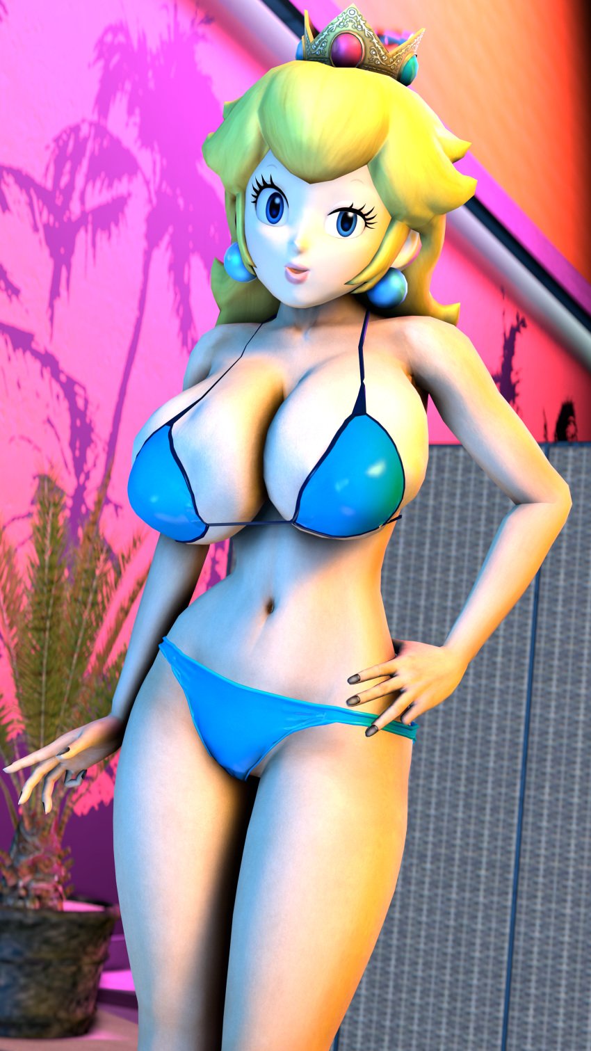 1girls 3d 3d_(artwork) bikini blue_bikini brown_hair female female_only hand_on_hip huge_breasts large_breasts legoguy9875 looking_at_viewer mario_(series) nintendo princess_peach solo solo_female source_filmmaker standing swimsuit