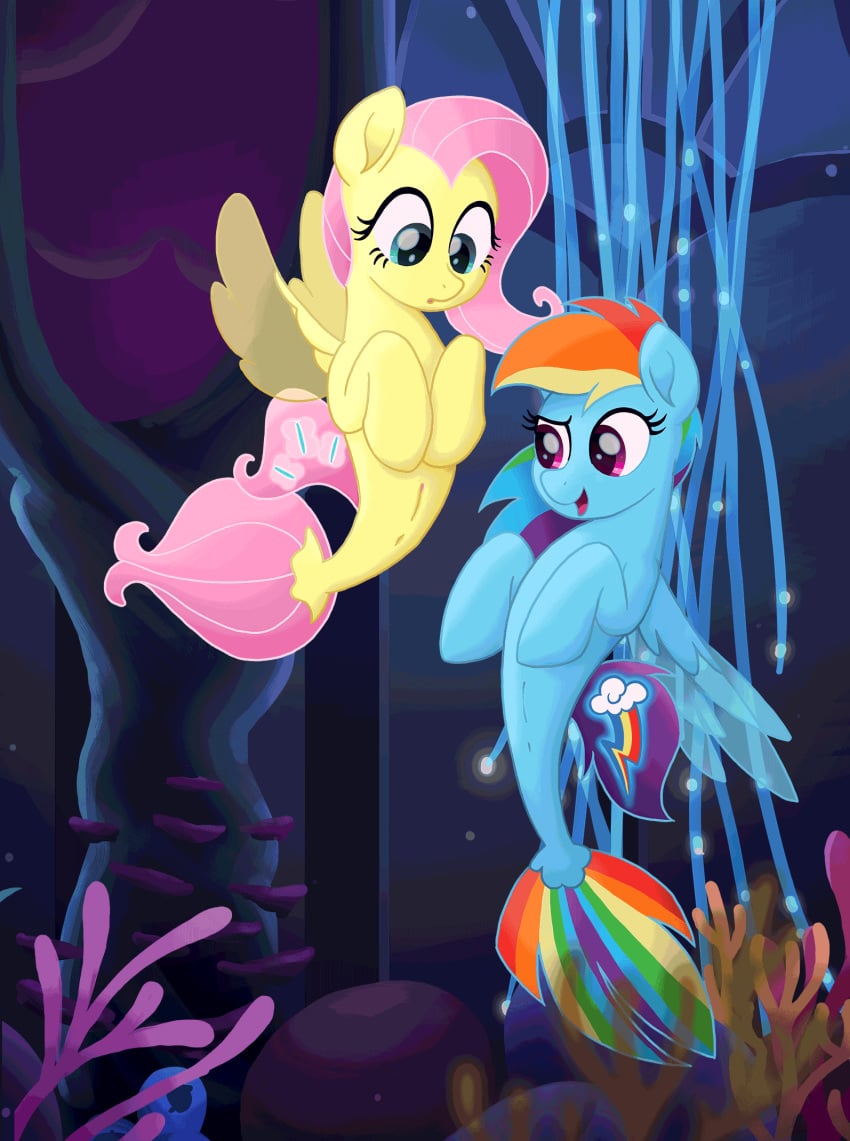 2017 animal animated cutie_mark duo female fluttershy_(mlp) friendship_is_magic hair hi_res hooves long_hair multicolored_hair my_little_pony my_little_pony_the_movie open_mouth pink_hair rainbow_dash_(mlp) rainbow_hair sea_pony selenophile smooth_skin