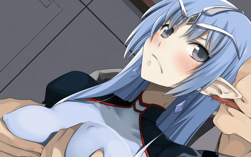 black_eyes blue_hair blush breast_grab breasts clothing earrings enslaved_royal erect_nipples eyeless_male female highres indoors lafiel licking long_hair looking_at_viewer pointy_ears princess saliva seikai_no_senki sex_slave slave slavegirl small_breasts solo_focus teitetsu_kishidan tiara tongue upper_body