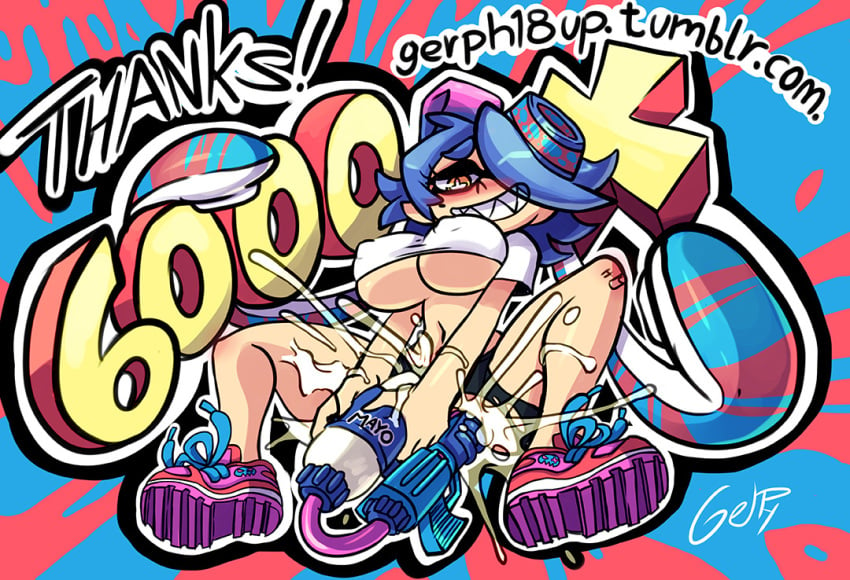 blue_hair blush breasts clothing color english_text female female_only footwear gerph gun large_breasts mayonnaise sharp_teeth shoes short_hair sitting skarp_world skarpne_(skarp_world) solo splatoon text torn_clothes uncensored underboob weapon yellow_eyes