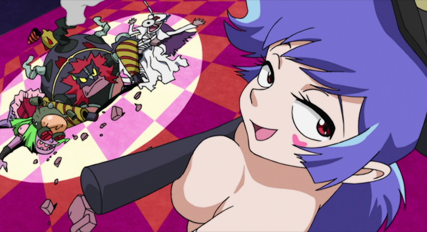 00s 1girls android baton baton_(weapon) blue_hair breast breast_press breasts club_(weapon) cutie_honey female hat heart honey_kisaragi large_breasts light-skinned_female light_skin object_on_breast police_hat police_uniform policewoman re:_cutie_honey screencap screenshot