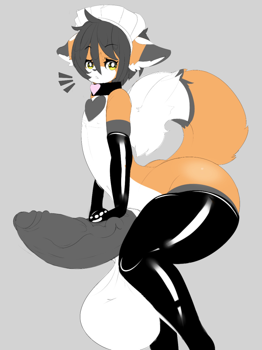 anthro armwear ass balls balls_past_knees big_balls big_butt big_penis bulging_urethra canine clothed clothing collar elbow_gloves femboy fox fur girly gloves heart heart_marking huge_balls huge_cock hyper hyper_balls hyper_penis large_penis_veins legwear looking_at_viewer maid_uniform male mammal markings orange_fur partially_clothed penis quote_(quotefox) quotefox rubber small_but_hung solo thigh_highs uniform white_fur yellow_eyes