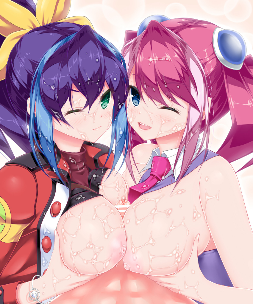 1boy 2girls bar_censor between_breasts blue_eyes blue_hair blush bow bracelet_girls breast_hold breast_press breasts calcio censored clothes_between_breasts cum cum_on_body cum_on_breasts cum_on_clothes cum_on_hair cum_on_upper_body double_paizuri facial green_eyes hairbow highres hiiragi_yuzu large_breasts multicolored_hair multiple_girls multiple_paizuri nipples open_clothes paizuri penis pink_hair ponytail serena_(yu-gi-oh!_arc-v) siblings sisters smile straight symmetrical_docking threesome twins twintails two-tone_hair yu-gi-oh! yu-gi-oh!_arc-v