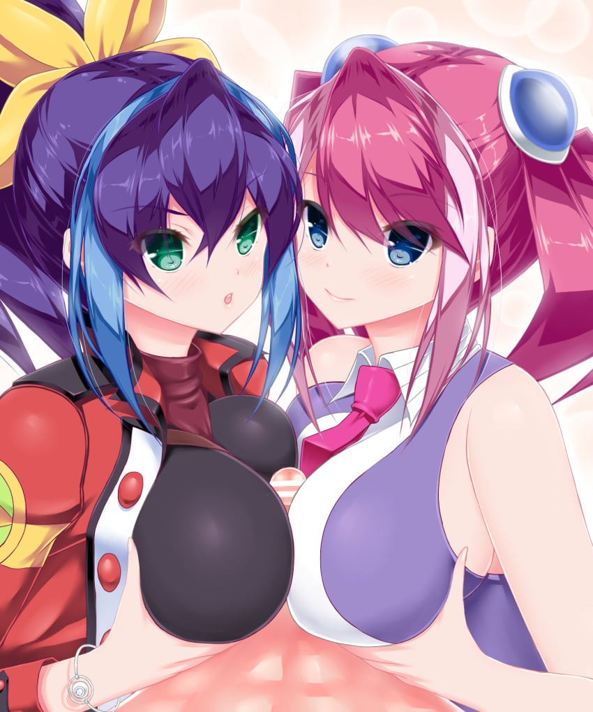 2girls blue_hair blush bow bracelet_girls breast_hold breast_press breasts calcio censored double_paizuri hairbow highres hiiragi_yuzu large_breasts multicolored_hair multiple_girls multiple_paizuri paizuri penis pink_hair ponytail serena_(yu-gi-oh!_arc-v) siblings sisters symmetrical_docking twins twintails two-tone_hair yu-gi-oh! yu-gi-oh!_arc-v