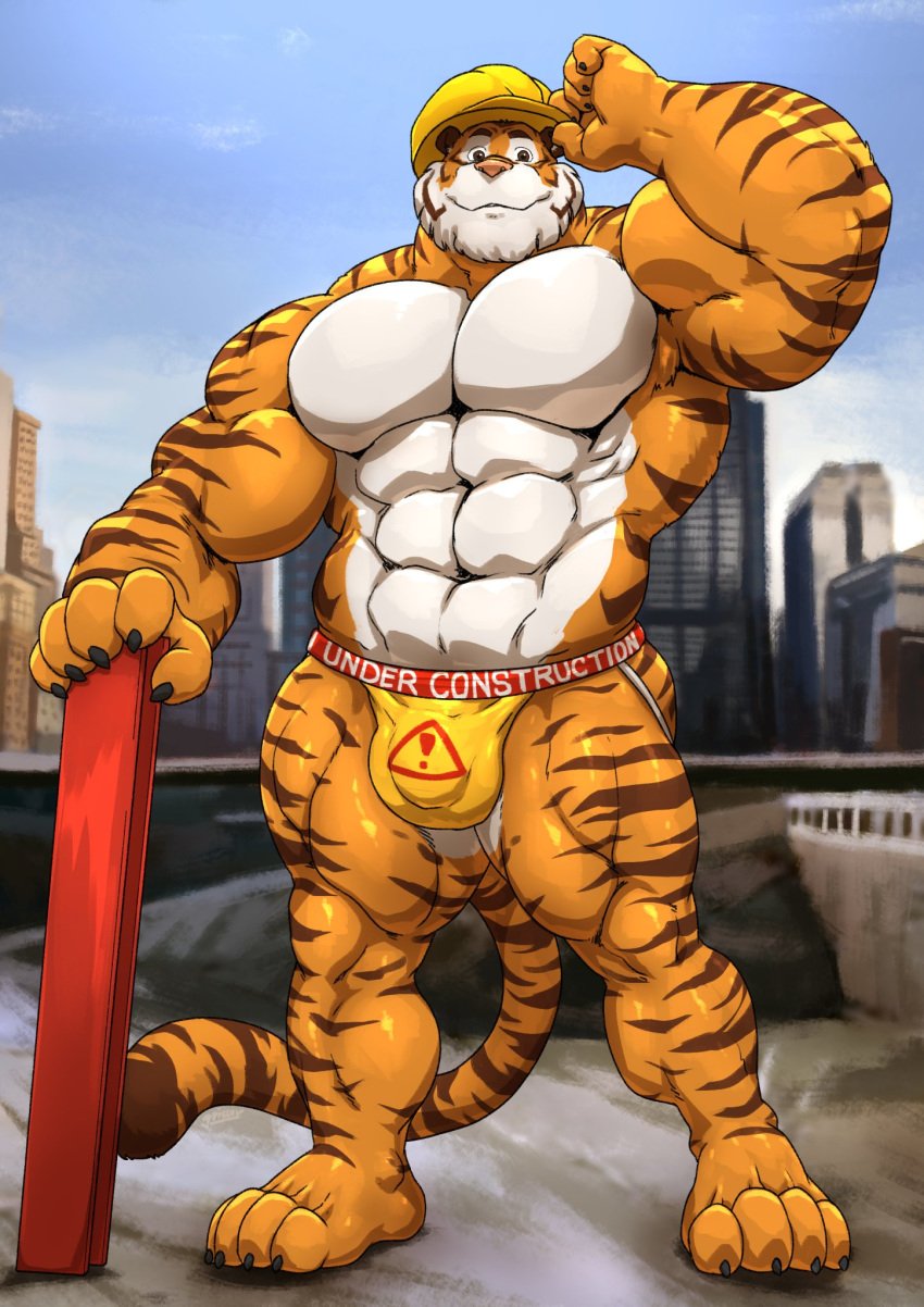 2017 abs anthro barefoot biceps big_biceps big_muscles black_claws brown_eyes brown_fur brown_stripes brown_tail building bulge city claws clothed clothing detailed_background english_text feline fur grisser hi_res huge_muscles jockstrap long_tail looking_at_viewer male male_only mammal multicolored_skin muscular muscular_arms muscular_legs muscular_male navel orange_fur orange_skin orange_tail outside pecs penis_outline pink_nose pose raised_arm sky smile solo standing striped_tail stripes text tiger toe_claws toes topless underwear white_fur white_skin