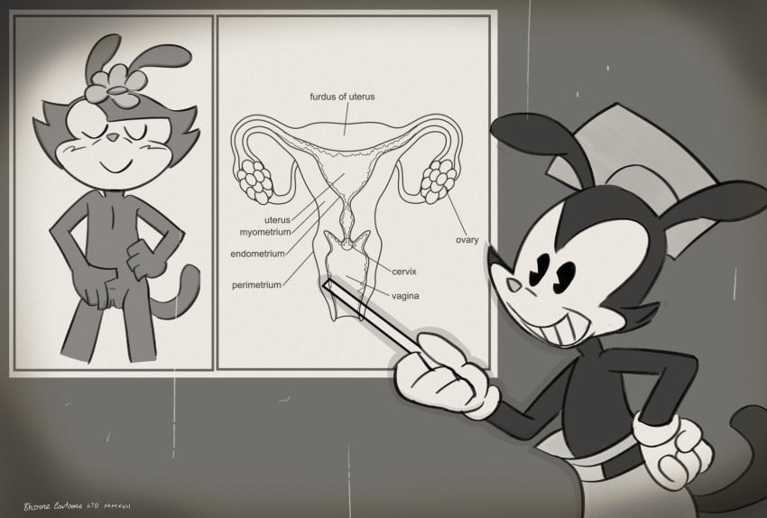 4_fingers 8horns animaniacs anthro blush closed_eyes clothed clothing cub dot_warner female flat_chested gloves greyscale male mammal monochrome nude pussy smile topless warner_brothers yakko_warner