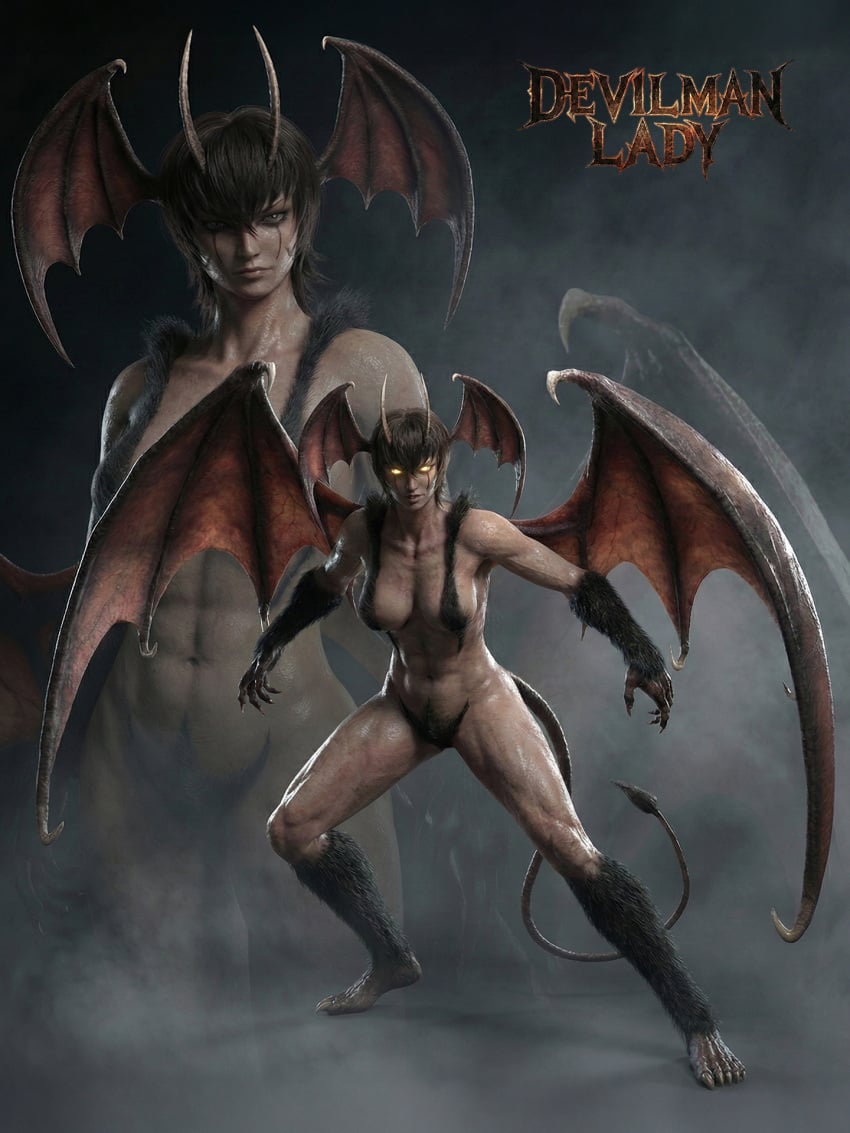 1girls 3d 4_wings abs action_pose ai_generated antenna_hair antennae athletic_female barefoot bat_wings belly_button black_fur black_hair bright_eyes bright_pupils clawed_feet clawed_fingers claws demon_girl demon_tail demon_wings devilman devilman_lady feet fit_female hairy head_wings jun_fudo looking_at_viewer medium_breasts muscular_arms muscular_female muscular_thighs naked naked_female nude nude_female six_pack tomboy yellow_eyes