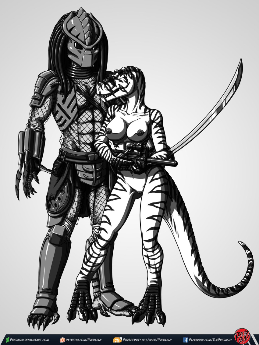 1girls anthro anthrosaurs areola armor breasts claws clothing digital_media_(artwork) dinosaur dinosaur_girl female kashyll_(predaguy) katana melee_weapon nipples predaguy predator_(franchise) pussy scalie stripes sword theropod weapon yautja