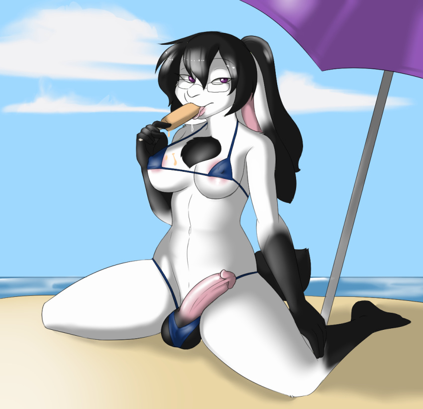 1futa anthro balls beach bikini black_hair breasts clothing dickgirl eyewear food futanari glasses hair intersex lagomorph mammal marbles navel nipples parasol penis popsicle purple_eyes rabbit sand seaside solo swimsuit towel water ziggie13