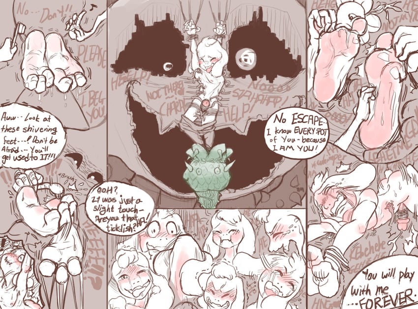 asriel_dreemurr barefoot blush bondage boss_monster bound caprine comic english_text evil_grin feet flowey_the_flower foot_fetish forced gay goat laugh male mammal monster nude open_mouth open_smile penis penis_milking plant rape smile soul_devouring_eyes text tickle_torture tickling toes torture twomario_(artist) undertale video_games young