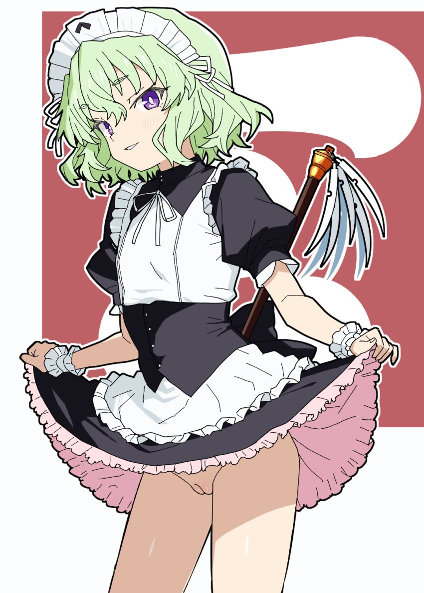 apron black_dress cleft_of_venus clothes_lift dress dress_lift duster female flat_chest green_hair highres looking_at_viewer maid maid_headdress matuo3232 mouri_teru no_panties parted_lips purple_eyes pussy rance_(series) sengoku_rance short_hair smile solo