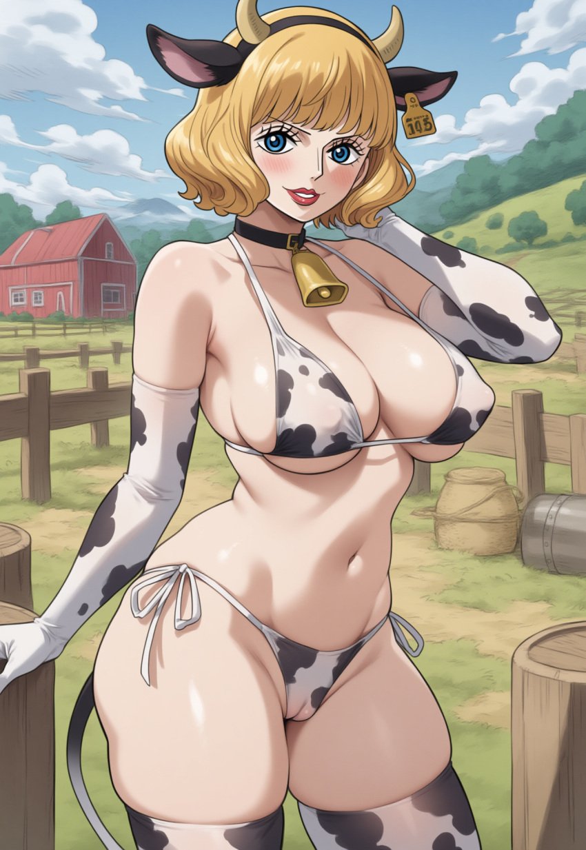 1girls ai_generated alternate_costume bare_shoulders big_breasts black_hair blue_eyes breast_press breasts bridal_gauntlets cleavage clothing collar collarbone cow_ears cow_girl cow_horns cow_print cowbell curvy earrings elbow_gloves eyelashes eyepatch_bikini female female_focus female_only garter_belt garter_straps gloves grey_background half-closed_eyes hips horn hucow huge_breasts human jewelry large_breasts legwear lingerie looking_up naughty_face navel on_knees one_piece open_mouth pinup pressing_breasts_together revealing_clothes seductive sideboob simple_background skimpy skindentation solo solo_female stockings stussy_(one_piece) teeth thick_thighs thighhighs toeless_legwear tongue tongue_out very_long_hair voluptuous wide_hips