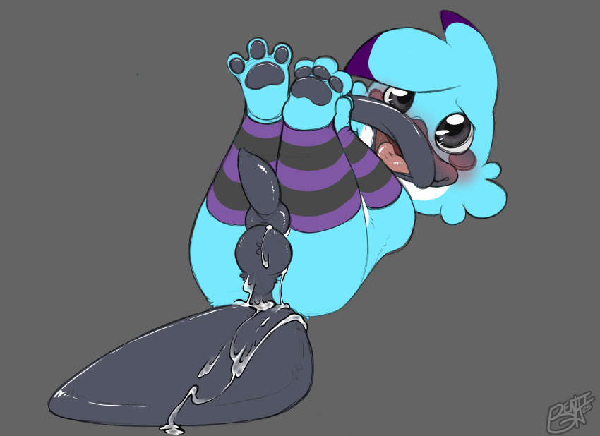 absurd_res ass balls benji_(artist) blush bodily_fluids clothing crema_(company) cum cum_on_balls cum_on_butt cum_on_tail feral genital_fluids genitals hi_res knot legs_up legwear lying male mammal monotreme on_back pawpads petty_the_platypet platypet_(temtem) platypus presenting solo stockings tail temtem temtem_(species)