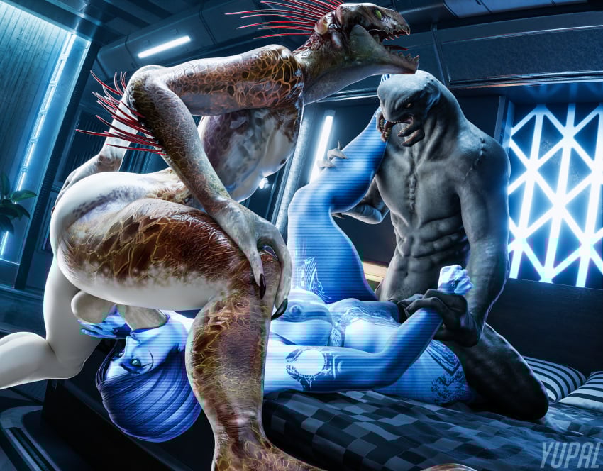 1girls 2boys absurd_res alien arm_grab balls bed bedroom big_breasts big_penis blue_body blue_hair commission cortana female female_penetrated forced halo_(series) hi_res holding_arm holding_leg ibie'shan kig-yar large_penis larger_male laying_on_back leg_grab leg_up looking_pleasured male male_penetrating male_penetrating_female missionary_position muscular_male oral oral_sex sangheili spitroast stomach_bulge throat_bulge vaginal_penetration yupal