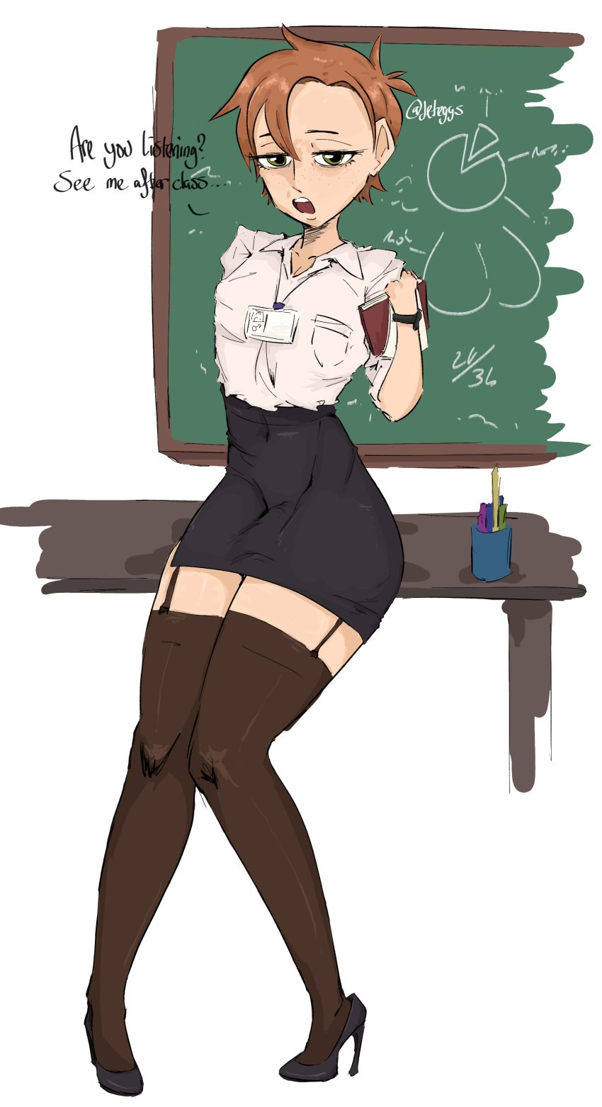 1boy 1femboy 1male blackboard books bulge bulge_through_clothing desk english_text femboy flat_chest garter_straps ginger high_heels jeteggs original original_character pencil_skirt shirt skirt small_penis solo solo_focus stockings talking_to_viewer teacher watch