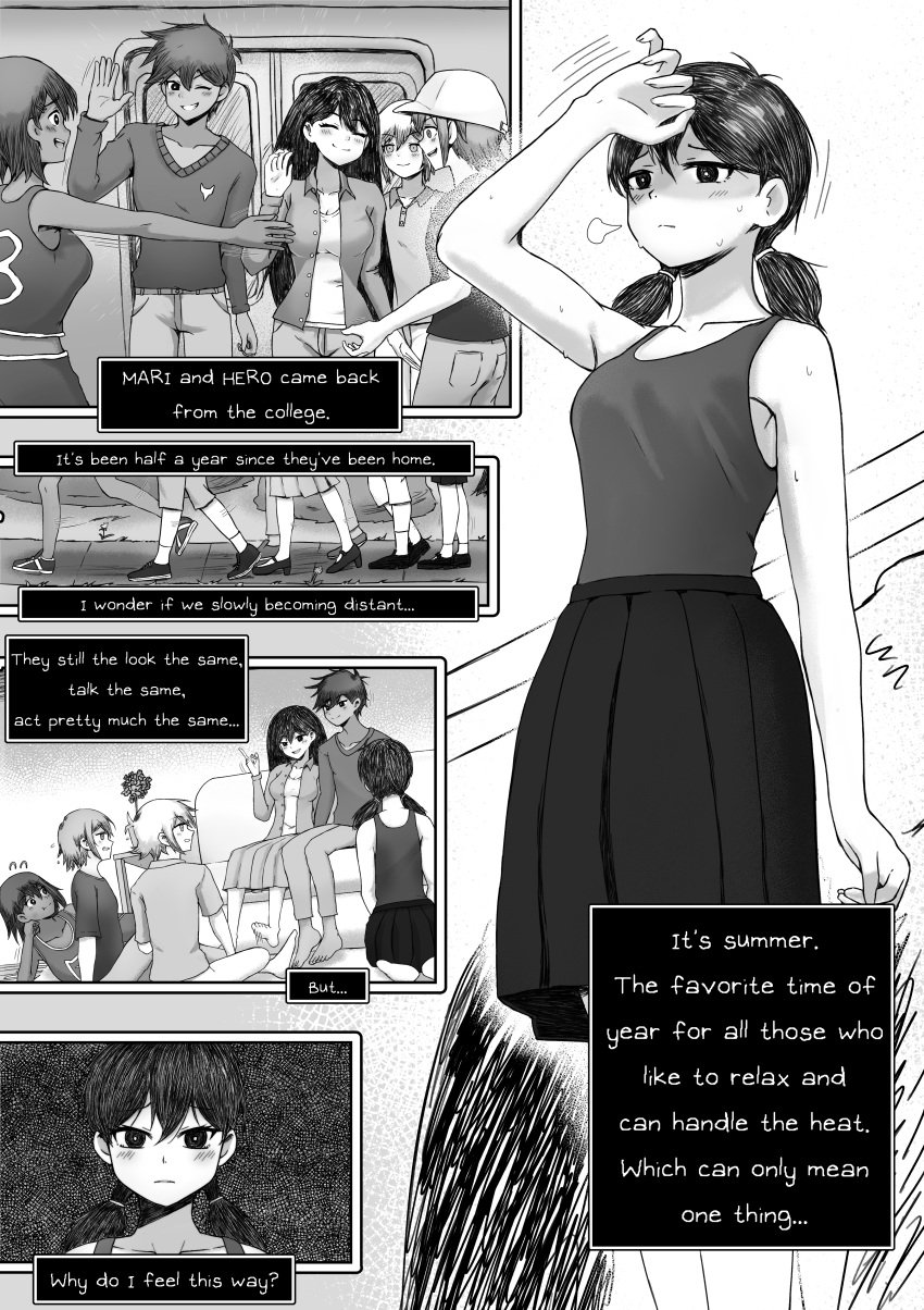 3boys 3girls absurd_res aubrey_(omori) basil_(omori) blush casual comic english_text female femsunny_(omori) friends genderswap_(mtf) hair_behind_ear hairband hero_(omori) kel_(omori) male mari_(omori) monochrome not_porn omori rule_63 siblings sisters summer sunny_(omori) sweating twintails vegasvat