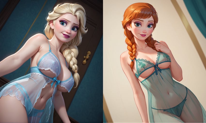 ai_assisted ai_generated anna_(frozen) blonde_female blonde_hair blonde_hair_female bra braid braided_hair braided_ponytail braided_twintails braids disney disney_princess elsa_(frozen) female frozen_(film) frozen_2 ginger ginger_hair hair nightgown no_nudity no_sex panties sheer sheer_clothing sisters transparent_clothing
