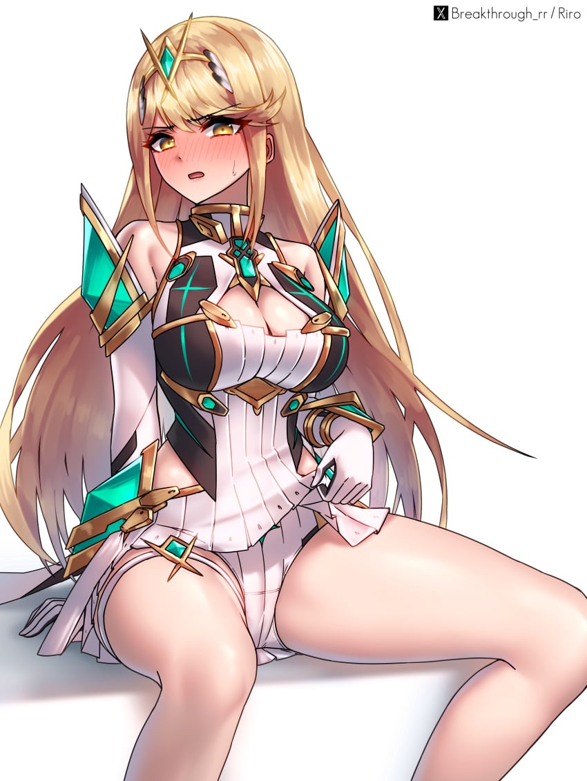 absurdres blonde_hair blush breakthrough_rr breasts circlet cleavage cleavage_cutout clothing_cutout commentary core_crystal dress elbow_gloves female gloves highres invisible_chair large_breasts lifting_own_clothes long_hair looking_at_viewer mythra open_mouth panties riro_(breakthrough_rr) simple_background sitting solo thigh_strap underwear very_long_hair white_background white_dress white_gloves white_panties xenoblade_(series) xenoblade_chronicles_2 yellow_eyes
