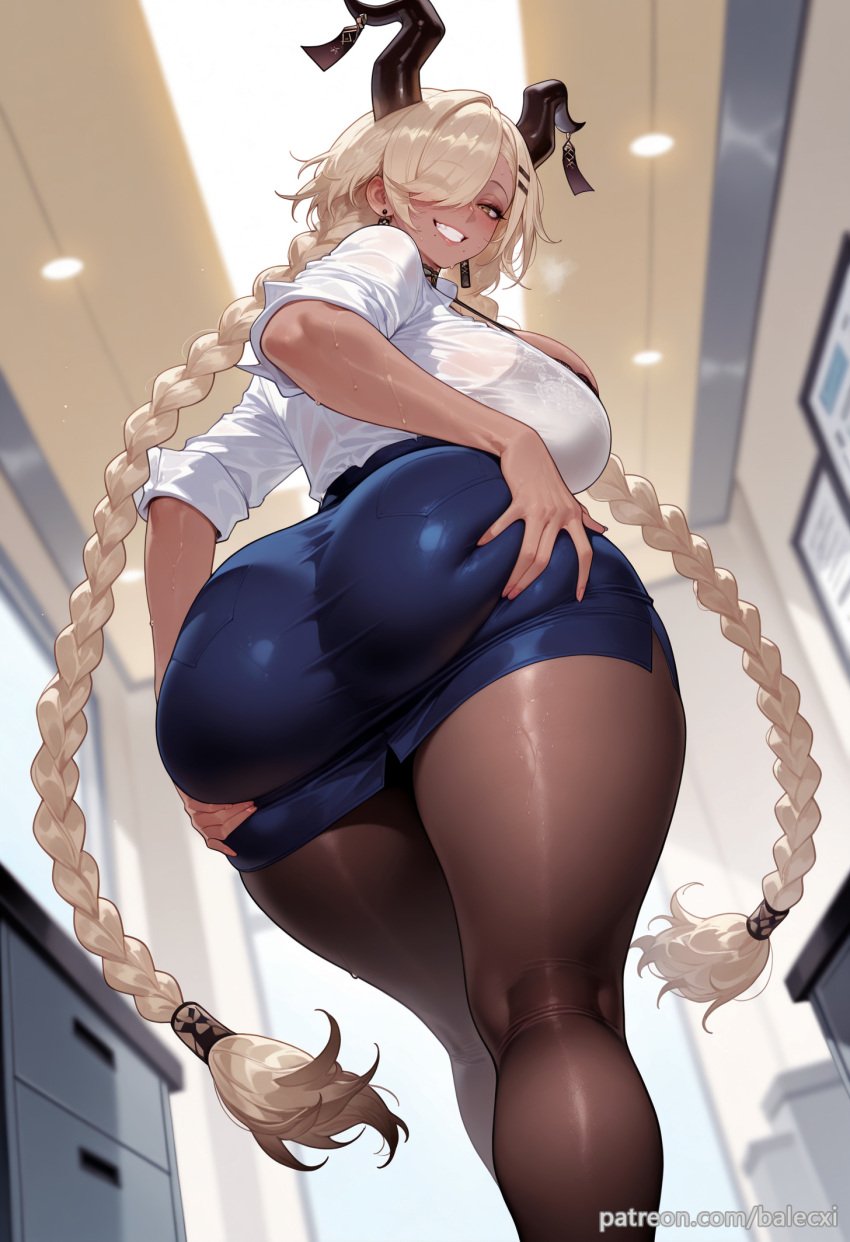 ai_generated ass asymmetrical_bangs azur_lane balecxi black_bra blonde_hair blue_skirt braid breasts dark_skin female from_behind from_below grin hair_over_one_eye horns kneepits long_hair looking_at_viewer looking_back mole mole_under_mouth owari_(azur_lane) pantyhose pencil_skirt smile solo thighs twin_braids white_shirt