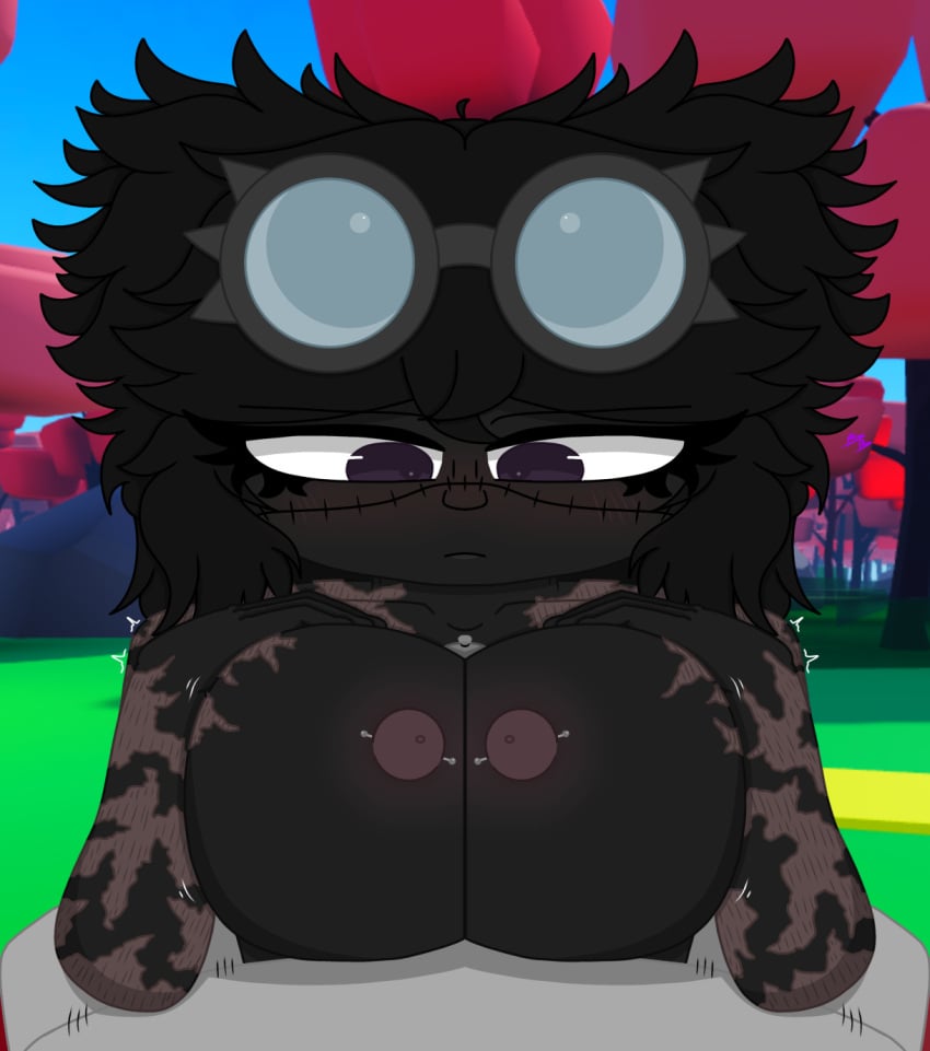 2025 blush boob_squish boobjob boobs_out breasts burnout_bandit dark-skinned_female dark_hair dark_skin goggles_on_head grey_body looking_at_penis looking_down nipple_piercing oc original original_character paizuri precum purple_eyes roblox roblox_avatar roblox_background robloxian scarred_body scarred_breasts scars tip_peeking titjob y/n
