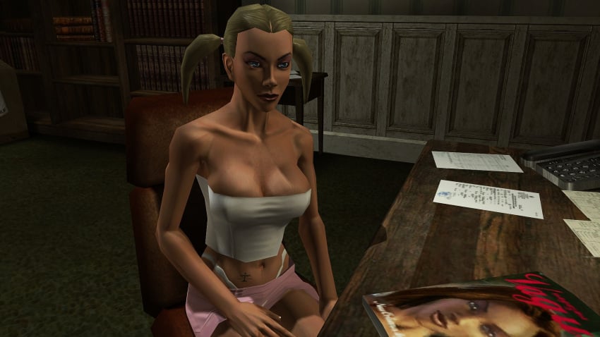 3d blonde_hair breasts carol_anne hitman hitman_blood_money io-interactive miniskirt pink_skirt screenshot sitting sluts video_games white_skin white_topwear