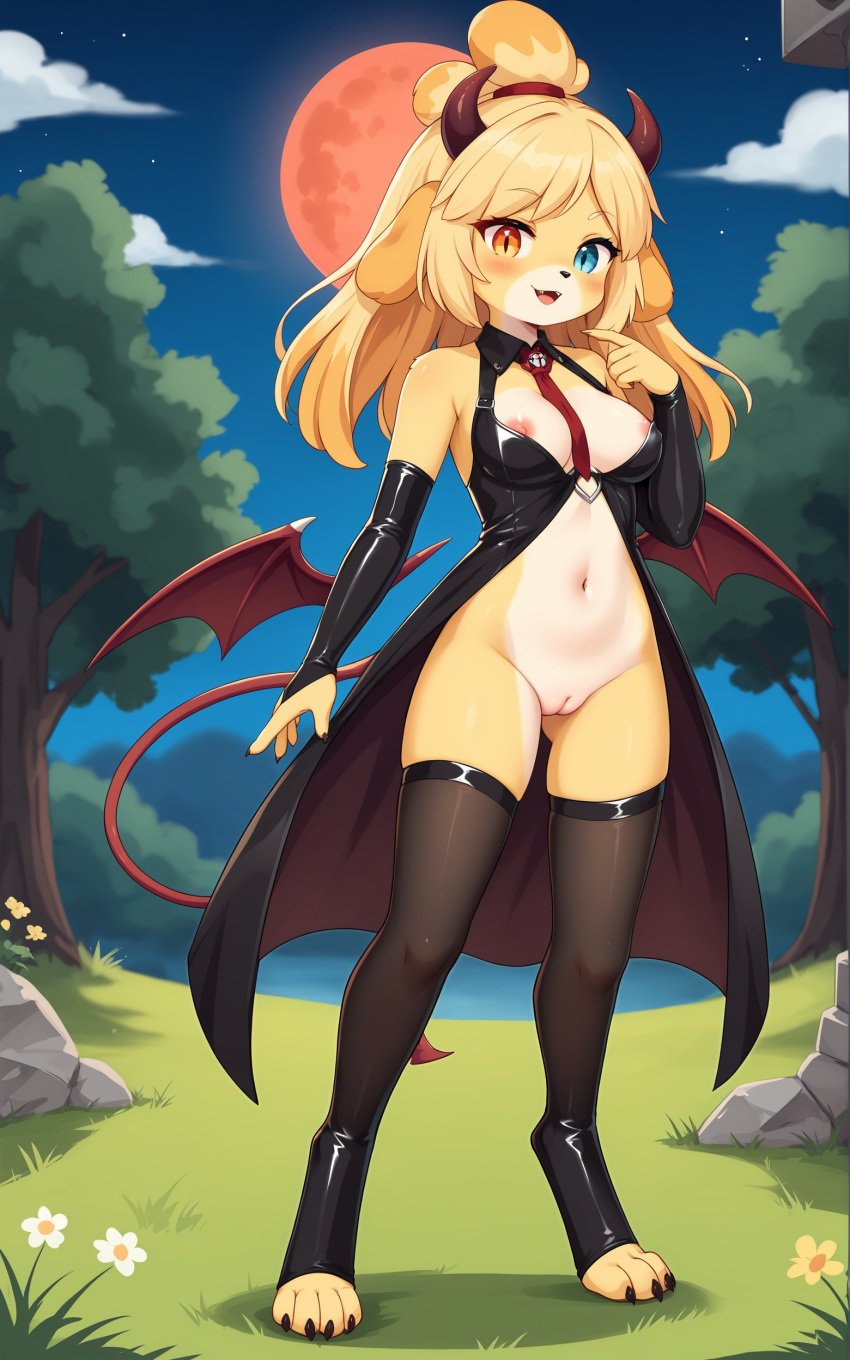 1girls 2025 ai_generated animal_crossing anthro blonde_female blonde_hair blue_eyes breasts canine digitigrade dress female female_only heterochromia hi_res innie_pussy isabelle_(animal_crossing) long_hair moon night nintendo nipples open_mouth orange_eyes outdoors pink_nipples pussy slit_pupils smile succubus succubus_horns succubus_wings thighhighs white_fur yellow_fur